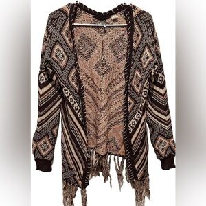 BKE Boho Aztec Fringe Cardigan Sweater Women's Small Brown Cream Pink Open Front